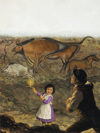 アルタミラの洞窟壁画を発見したマルセリーノ・サンス・デ・サウトゥオラ（1831-88）と娘のマリア（紙にグワッシュ） 作： English School