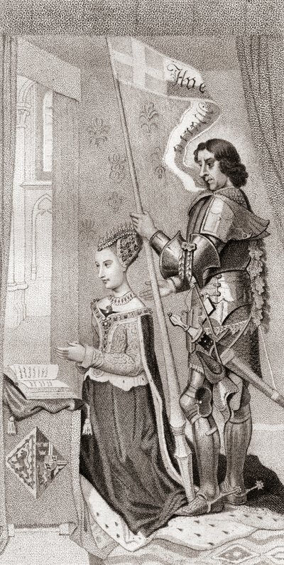 Tanskalainen Margarita ja Tanskan suojelija St. Canute, jonka takana pitelee lippua, jossa näkyy ristiretkien risti. Margaret Tanskalainen 作： English School