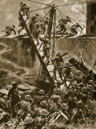 HMSヴィンディクティブ、1914-19年からギャングウェイに出現した海兵隊員とブルージャック 作： English School