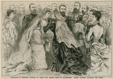 ヘッセのビクトリア王女とバッテンベルクのルイ王子の結婚、ビクトリア女王、花嫁を敬礼、1884年5月16日 作： English School