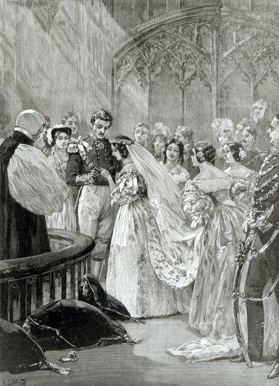 1887年に出版された1840年2月10日のセントジェームズ宮殿でのビクトリア女王（1819-1901）とアルバート王子（1819-61）の結婚 作： English School