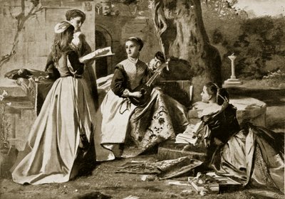 修道院の庭にあるスコットランドのメアリー女王、イギリス国民のハチンソン物語のイラスト、1923年頃 作： English School