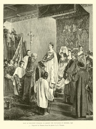 ブリュッセルの特権を尊重することを誓うブルゴーニュのマリア、1477年 作： English School