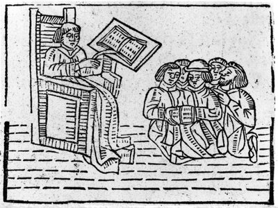 師匠と弟子たち、1481年頃（木版画 作： English School