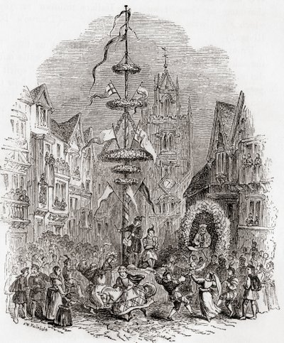 19世紀のイギリス、ロンドン、セント・アンドリュー・アンダーシャフト教会前で踊るメイポール（『Old England：A Pictorial Museum, pub.1847 作： English School