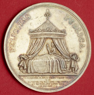 ジェームズ王子の誕生を記念したメダル、1688年（銀の金箔） 作： English School