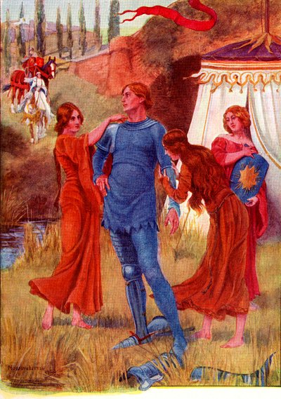 戦いに備える中世の騎士モーニングスター。1910年に出版された『The Gateway to Tennyson』に掲載されたガレスとリネットの物語からのカラーイラスト。 作： English School