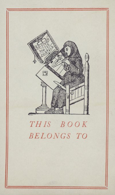 写本を書く中世の書記、蔵書ラベル（カラーリトグラフ 作： English School