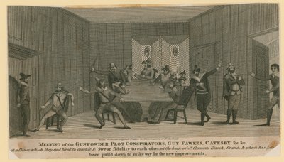 Gunpowder Plotの共謀者、Guy Fawkes、Catesbyなどの会議 作： English School