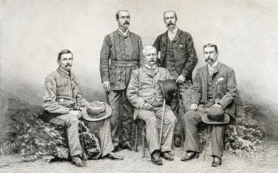 ヘンリーモートンスタンレーのエミンパシャレリーフ遠征隊、1890年のメンバー（木の彫刻） 作： English School