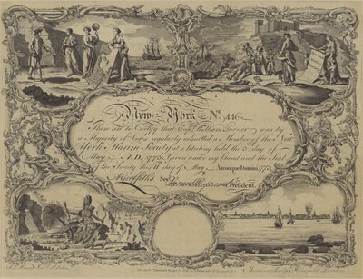 ニューヨーク海洋協会の会員証明書、1773 作： English School