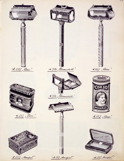 国産品および付属品の貿易カタログからの男性用シェービング器具、c.1890-1910 作： English School