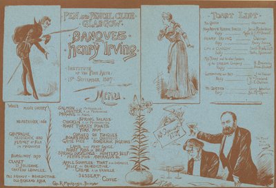 1887年9月15日、グラスゴーのヘンリーアーヴィング、ペンアンドペンシルクラブを記念した宴会のメニュー 作： English School