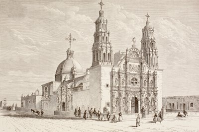 19世紀のメキシコ、チワワ、アルマス広場のメトロポリタン・カテドラル（リトグラフ）。 作： English School