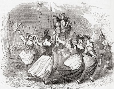 ミルクメイドの踊り、皿の山、メーデー、イギリス、オールド・イングランドより：A Pictorial Museum, pub.1847 作： English School