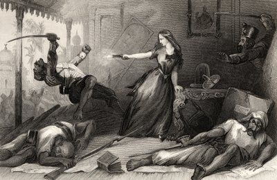1858年に出版された「インディアン反乱の歴史」（彫刻）から、1857年にコーポーアでセポイから身を守るウィーラー嬢 作： English School
