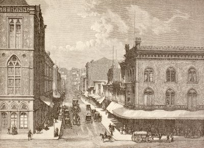 1880年代のサンフランシスコ、モンゴメリー・ストリート（リトグラフ） 作： English School