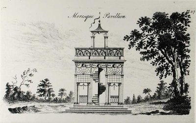 ムーア人のパビリオン（ウィリアム・ライト著『グロテスクな建築、または農村の娯楽』より）（1767年発行の彫刻）（白黒写真 作： English School