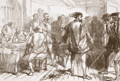フォーブルセントジャーメインのオステルリーでプロテスタントを攻撃するムシャレスバンド。 1878 作： English School