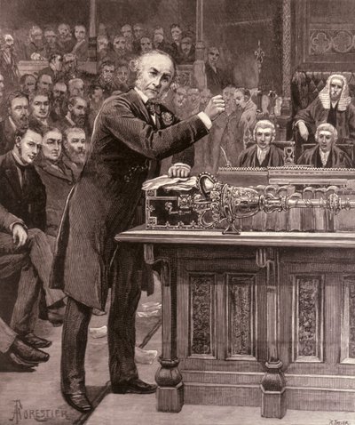 グラッドストーン氏、1886年4月17日の「イラストレイテッドロンドンニュース」より、下院にアイルランド政府のための計画を説明 作： English School