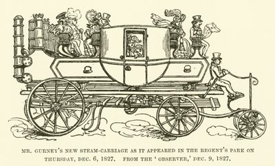 1827年12月6日（木）にリージェンツ・パークに登場したガーニー氏の新しい蒸気馬車（1827年12月9日付オブザーバー紙より）（彫刻 作： English School