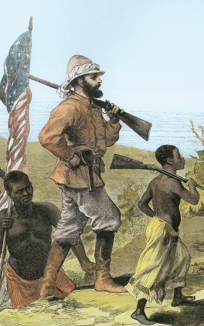 ヘンリー・モートン・スタンレー（1841-1904）タンガニーカ湖に近づく（後の着色） 作： English School