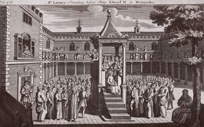 ウェストミンスターでエドワード6世王の前で説教をしているラティマー氏、Foxes Martyrs c.1703のイラスト 作： English School