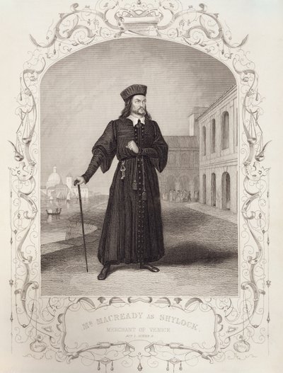 ウィリアム・シェイクスピア（1564-1616）によるヴェネツィアの商人でのシャイロックとしてのマクレディ氏、第1シーン3 作： English School