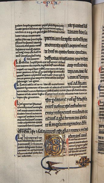 Ms.27, f.117v:新約聖書の注釈付きコピーのページ（ベラム製） 作： English School