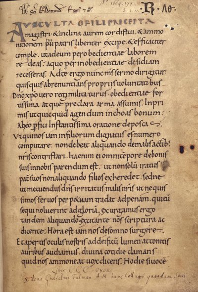 Ms. 197 f.1r聖ベネディクトの支配 作： English School