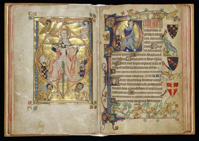Ms 242 ff.28v-29r Packham-Clifford Hours、Use of Sarum、c.1314-31（羊皮紙に金箔とテンペラ）からの歴史的イニシャルDの三位一体と慈悲の玉座 作： English School