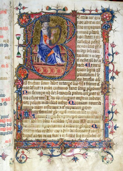 Ms 26 fol.7r。詩篇1、デイビッドハーピング、ラムジー修道院詩篇、1380年頃 作： English School
