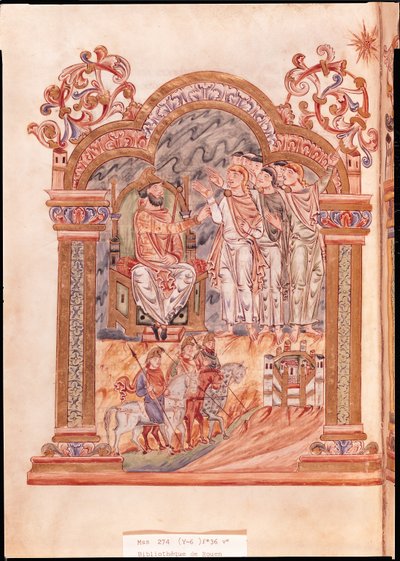 Ms 274（Y-6）fol.36vジュミエージュのロバートのミサからのマギ訪問王ヘロデ、c.1016 作： English School