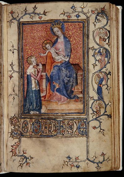 Ms 48, f.86r:聖母子に祈りを捧げる写本の所有者、『カリュー・ポインツの時祷』より、サルムの使用、1390年から1400年頃（ヴェラム製 作： English School