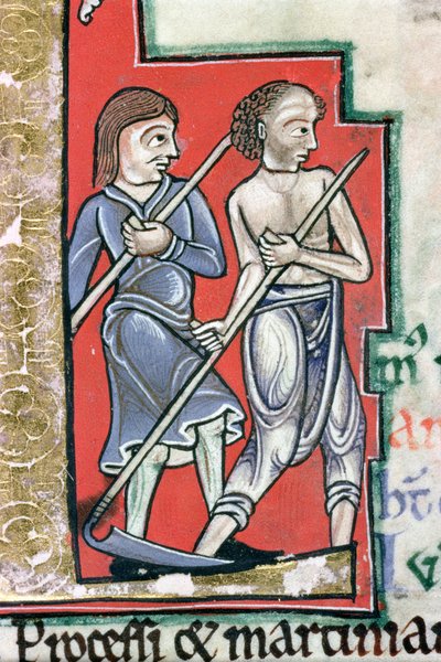 Ms Hunter 229 f.4r Mowing、Hunterian Psalter から、1170 年頃（ベラム紙にペンとインク、テンペラ）（詳細） 作： English School