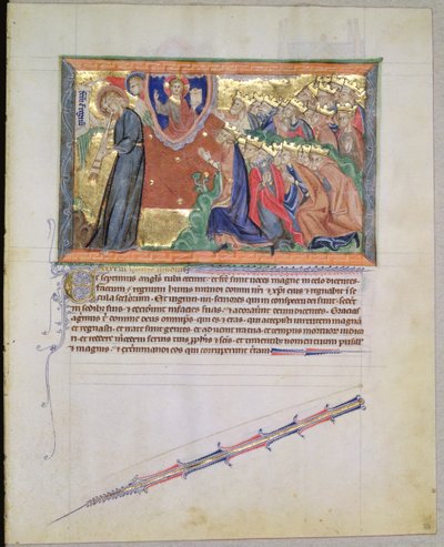 Ms LA 139-Lisboa fol.28トランペットを吹く7人目の天使と神を崇拝する24人の長老たち、グルベンキアンの黙示録、c.1265-70 作： English School