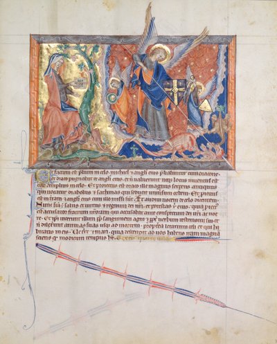 Ms LA 139-リスボアfol.30大天使ミカエルがグルベンキアンの黙示録、c.1265-70から天国でドラゴンと戦う間、砂漠に隠された女性 作： English School