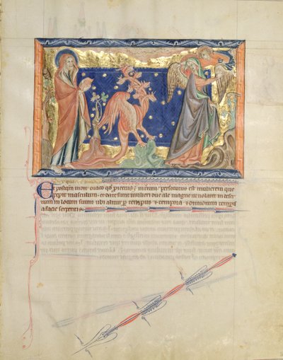 Ms LA 139-Lisboa fol.31聖ヨハネが天使を見て、女性がグルベンキアンの黙示録から赤いドラゴンから脱出するのを手伝う、c.1265-70 作： English School
