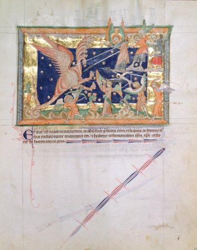 Ms LA 139-Lisboa fol.33グルベンキアンの黙示録、c.1265-70からの忠実な者との戦争を繰り広げているドラゴン 作： English School