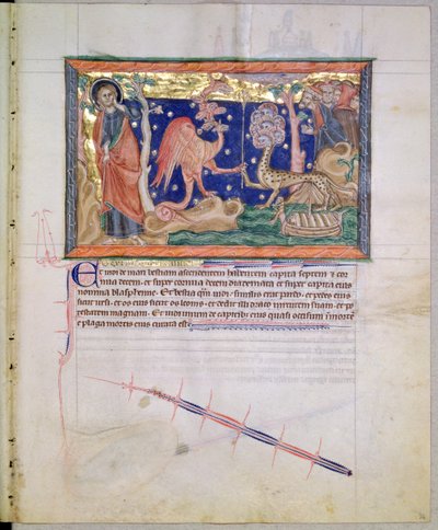 Ms LA 139-Lisboa fol.34グルベンキアンの黙示録から、海の獣に彼の力を手渡した赤いドラゴン、c.1265-70 作： English School