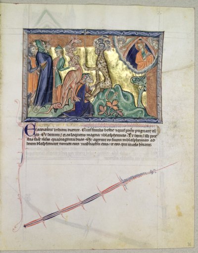 Ms LA 139-Lisboa fol.36グルベンキアンの黙示録、c.1265-70から、赤いドラゴンの前で人々が海の獣を崇拝するのを見ている主 作： English School