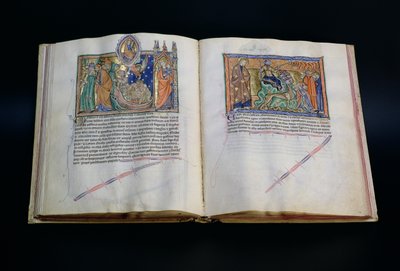 Ms LA 139-Lisboa fol.37v-38 Gulbenkian Apocalypse、c.1265-70からの獣の冒涜の神の名前、および3番目と2番目の獣を崇拝する人々 作： English School