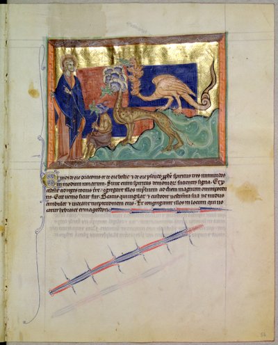 Ms LA 139-Lisboa fol.56聖ヨハネ福音伝道者、グルベンキアンの黙示録の3匹の獣の口から出てくるカエルを見ているc.1265-70 作： English School