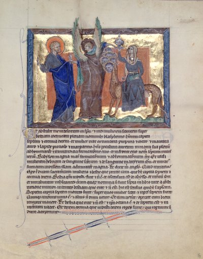 Ms LA 139-Lisboa fol.59聖ヨハネ福音伝道者をグルベンキアの黙示録からバビロンの娼婦に導いた天使、c.1265-70 作： English School