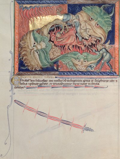 Ms LA 139-Lisboa fol.71グルベンキアンの黙示録からの赤いドラゴン、海の獣、地球の獣を飲み込んだ地獄の顎、1265-70年頃 作： English School