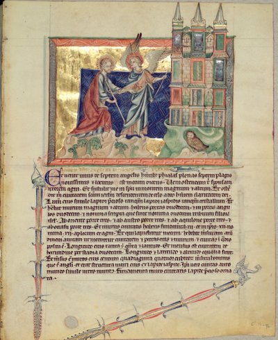 Ms LA 139-Lisboa fol.74新しいエルサレムを伝道者の聖ヨハネに見せた天使、グベンキアンの黙示録、c.1265-70 作： English School