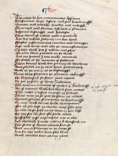 Ms. New Coll 314、f19r、The Canterbury Tales by Geoffrey Chaucer（ペン＆ベラムにインク） 作： English School