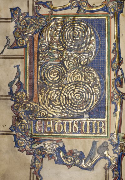 Ms. New Coll 358、frontispiece、Psalter、St。Alban&39;s（ペン＆インク、ベラムに金） 作： English School