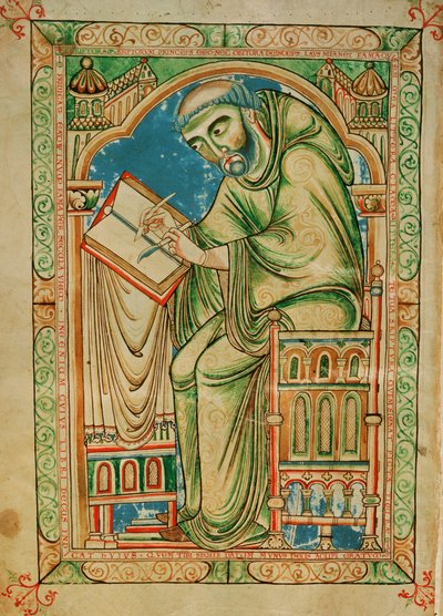 Ms R 17 I f.283v 修道士 Eadwine が原稿に取り組んでいる、Eadwine Psalter、1150 年頃 (ベラム) 作： English School