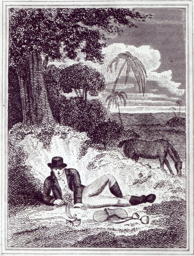 アフリカのムンゴパーク、1816年に発行された「アフリカの内陸部の旅：1795年、1796年、1797年に行われた」のイラスト（印刷） 作： English School